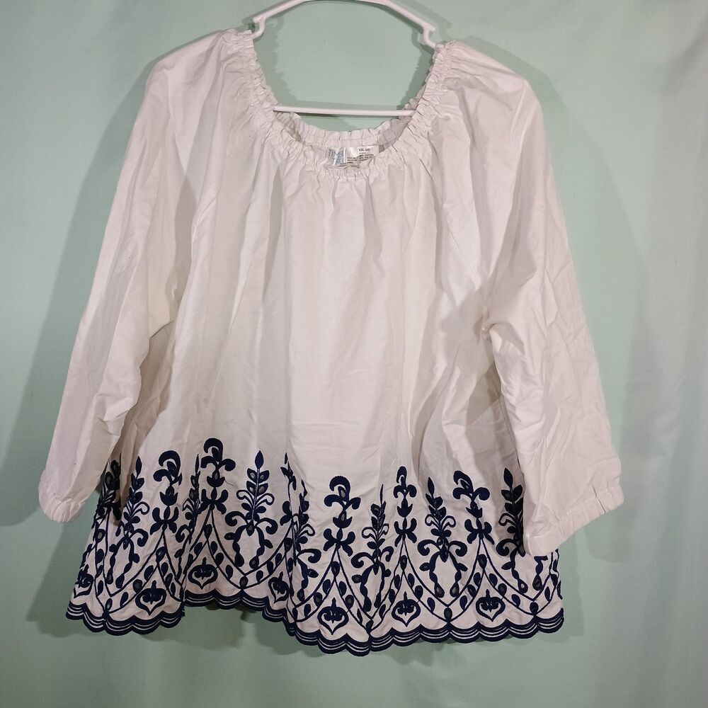 White Peasant Blouse Blue Embroidered Top Boho Off Shoulder Tunic 3/4 Sleeve